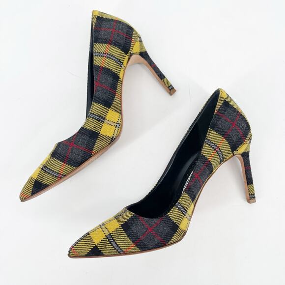 Manolo Blahnik BB Yellow Tartan Plaid Wool Pointed Toe Stiletto Pumps IT 39 - Picture 4 of 10